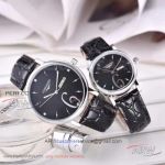 Perfect Replica Longines Black Dial Black Leather Strap Couple Watch 